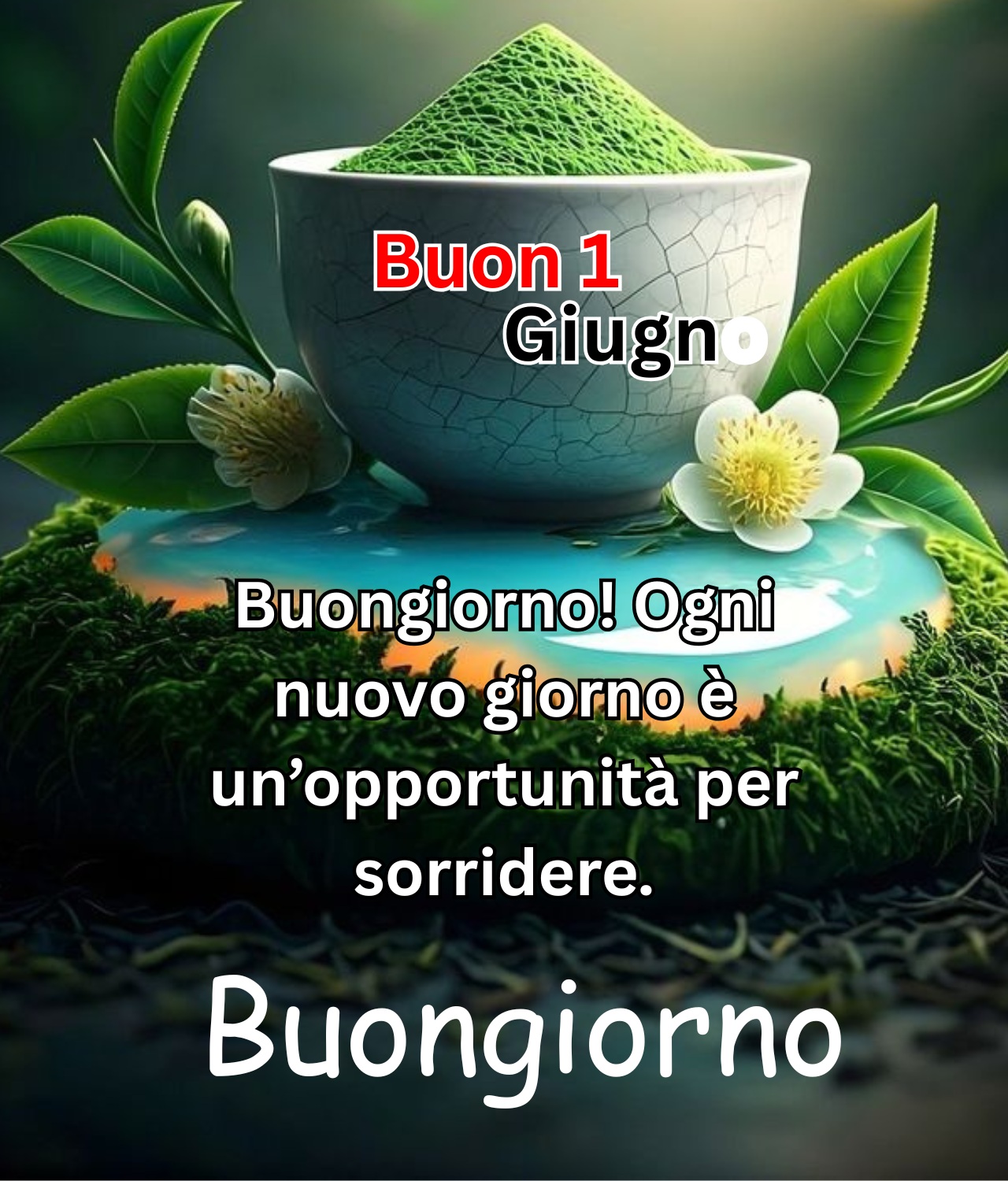 Buongiorno 1 Giugno con tè verde e fiori bianchi, frase motivazionale sul sorriso.