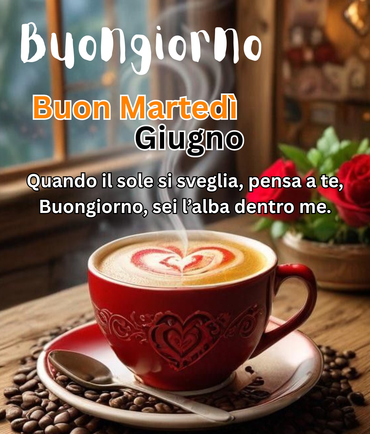 Tazza di caffè con cuore, Buongiorno e Buon Martedì di Giugno con frase romantica