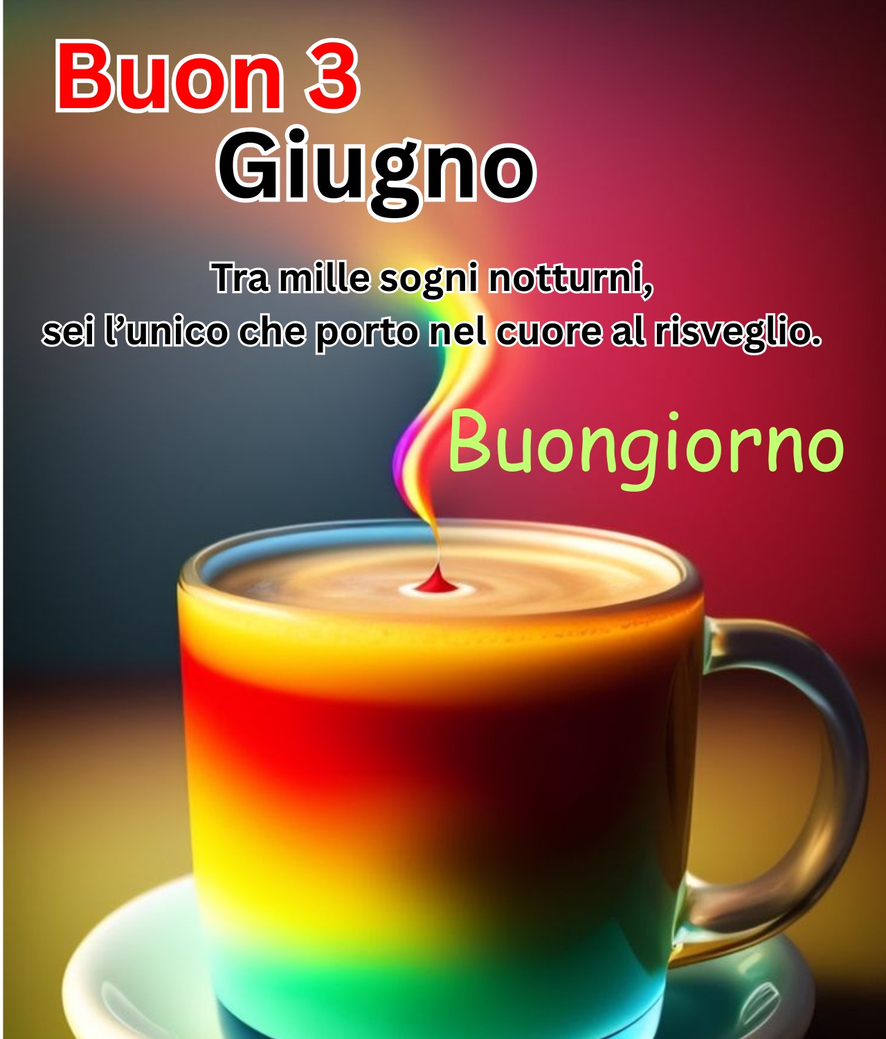 Buongiorno Buon 3 Giugno con frase romantica e tazza arcobaleno colorata del caffè