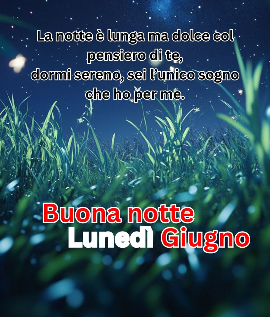 Buona notte lunedì giugno – cielo stellato sopra un prato con messaggio d’amore